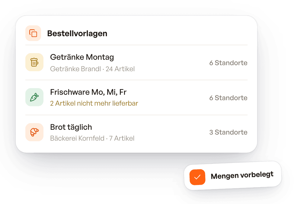 Bestellvorlagen für Getränke, Frischware und Brot, zugewiesen an mehrere Standorte