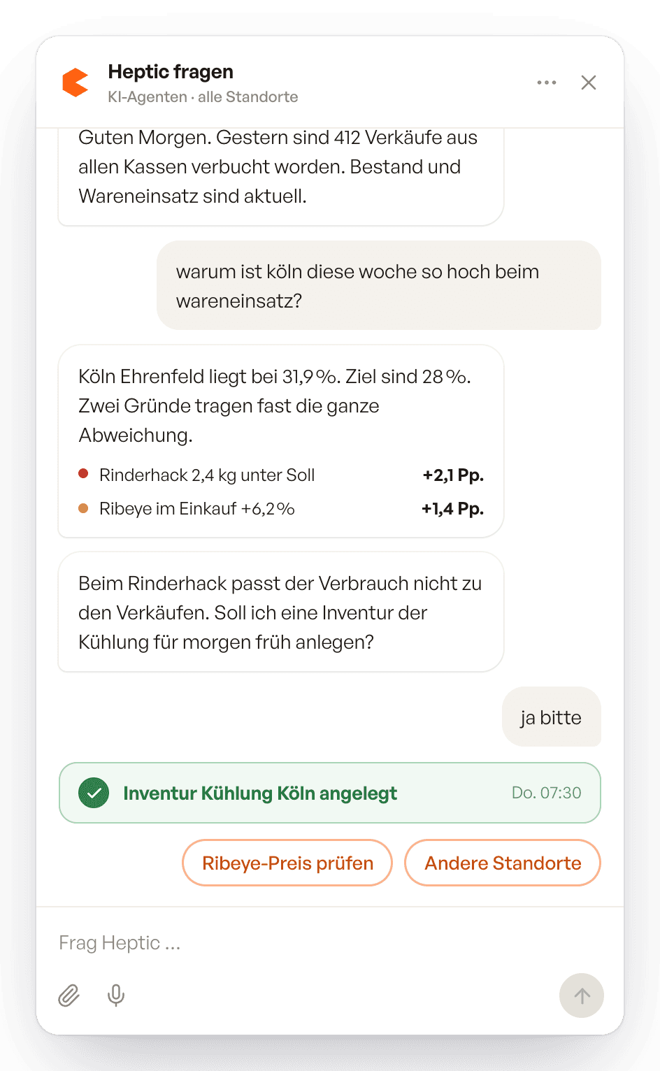 Heptic fragen. Die KI erklärt einen erhöhten Wareneinsatz und legt eine Inventur an