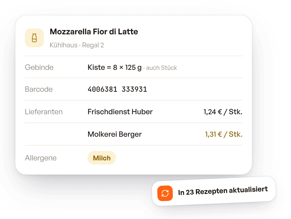 Artikel Mozzarella mit Gebinde, Barcode, zwei Lieferantenpreisen und Allergen Milch